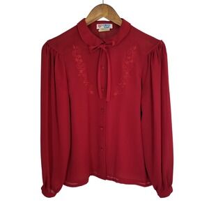 College Town Vintage Red Embroidered Bow Neck Blouse Long Sleeve Sz 5/6 Coquette